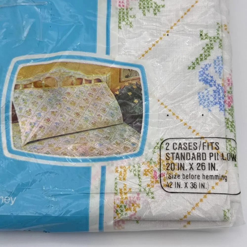Vintage JCPenney Pillowcases Floral Cross Stitch Print Standard Set Of 2 No Iron